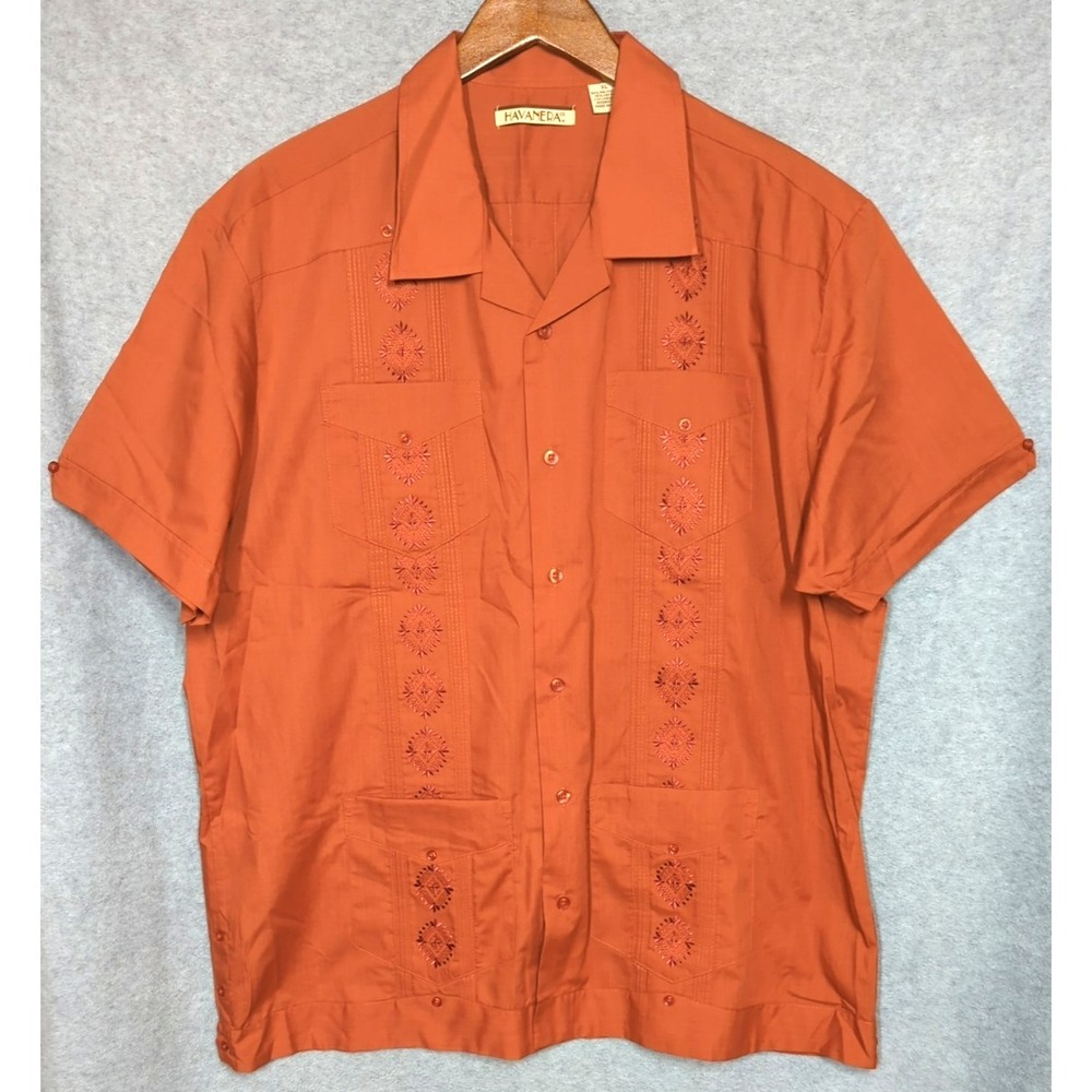 The Havanera Men's Embroidered Shirt Button Down Orange Size XL